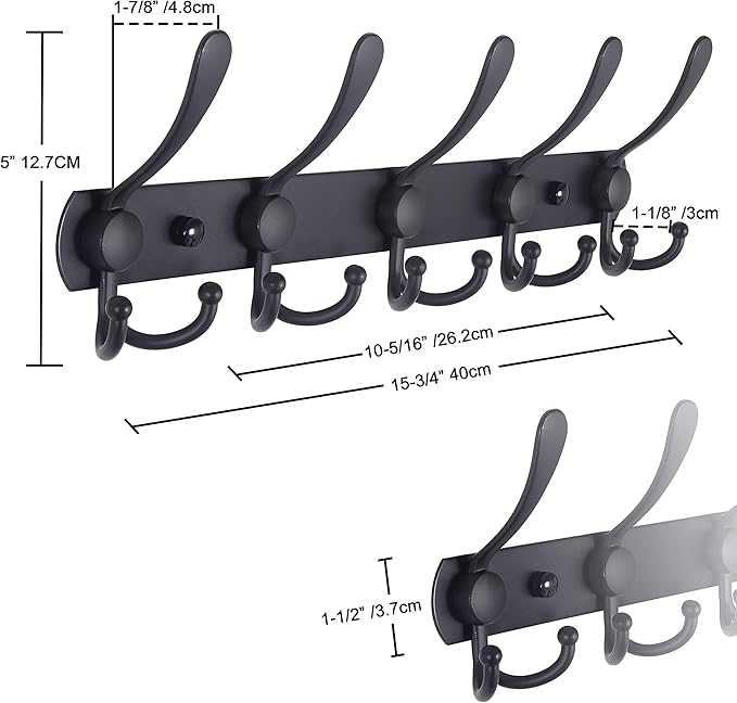 Dseap Coat Rack Wall Mounted - 5 Tri Hooks, Heavy Duty, Stainless Steel, Metal Coat Hook Rail for Coat Hat Towel Purse Robes Mudroom Bathroom Entryway (Green, Pack of 2)