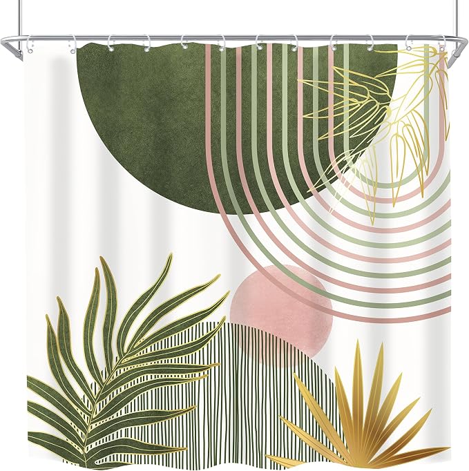KOMLLEX Mid Century Sage Green Pink Boho Shower Curtain 72Wx72L Inches Abstract Modern Shower Curtains for Bathroom Plant Botanical Minimalist Arch Sun Fabric Liner Waterproof Polyester 12 Pack Hooks