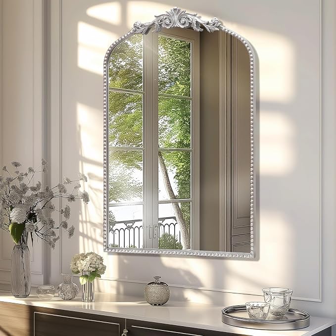 Antique Silver Arch Wall Mirror, 24"x36" Traditional Vintage Mantel Mirror with Ornate Metal Frame, Baroque Home Decor for Fireplace/Entryway/Bathroom/Living Room/Hallway