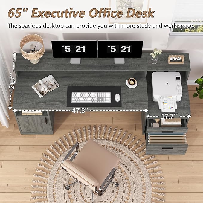 Executive Computer Desk with 3 Drawers & Storage Shelves, 65 Inch Home Office Desk with File Drawer & Cabinet, Writing Study Desks with Monitor Stand & Printer Shelf, Dark Grey