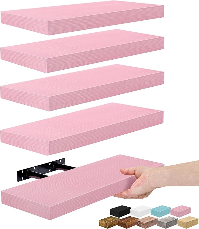 Sorbus Floating Shelves for Wall – 16 Inch Floating Shelf for Kitchen, Bedroom, Living Room, Bathroom, Home & Wall Decor - Mounted Bathroom Shelves with Invisible Brackets (Soft Pink, 5 Pack)