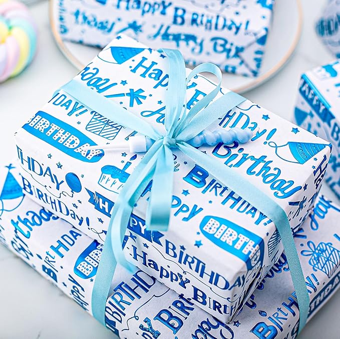 Homeral Blue Birthday Wrapping Paper Roll - 3D Embossed Blue Foil Metallic Shine Gift Wrap Paper for Boy Birthday, Baby Shower, Party - Mini Roll - 17 Inch x 33 Feet