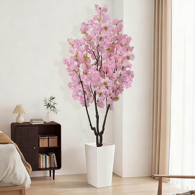 5.9ft Tall Pink Artificial Cherry Blossom Tree, Realistic Handmade Silk Leaves Sakura Plant, Fake Lifelike Cherry Blossom Tree for Home Office Indoor Outdoor Party Wedding Christmas Decor