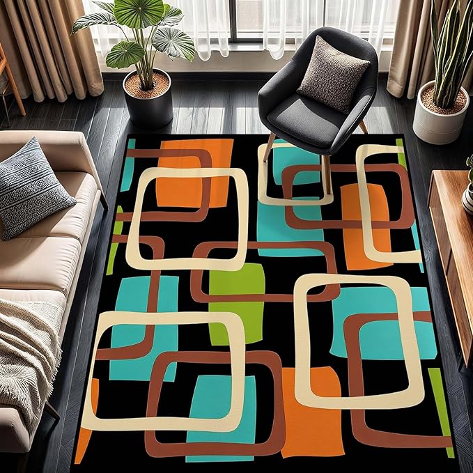Mid Century Modern Rug, Colorful Abstract Geometric Area Rug, Retro Atomic Starburst Rugs, Washable Non-Slip Soft Low Pile 1950s Carpet for Living Room, Bedroom (6' x 8'(Rectangular))