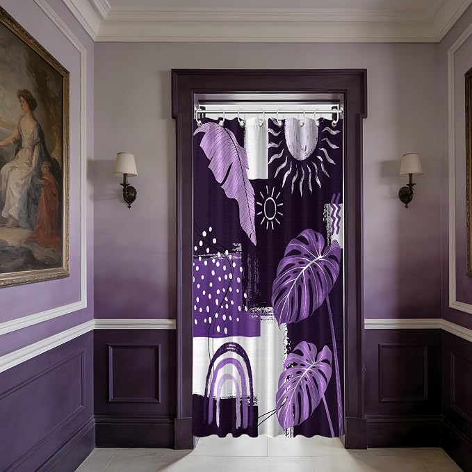 Small Stall Narrow Dark Purple Shower Curtain Lavender Stand Up Abstract Bohemian Leaf Shower Curtains for Rv Camper Bathroom Decor Sets, Waterproof Cloth Fabric with Hooks, 36 x 72 Inch