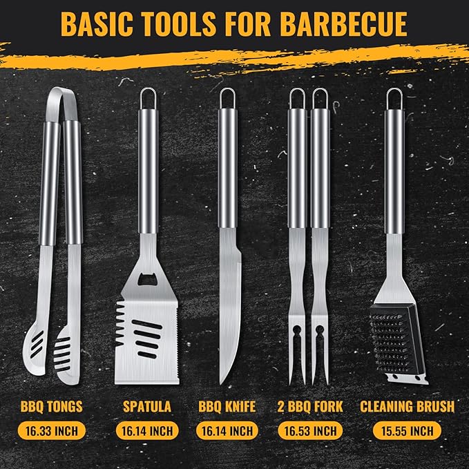 BBQ Grilling Accessories, 16-Inch Stainless Steel BBQ Grill Tools Set for Men, Heavy Duty Grilling Accessories Kit for Camping, Kitchen, Extra Thick Barbecue Utensil