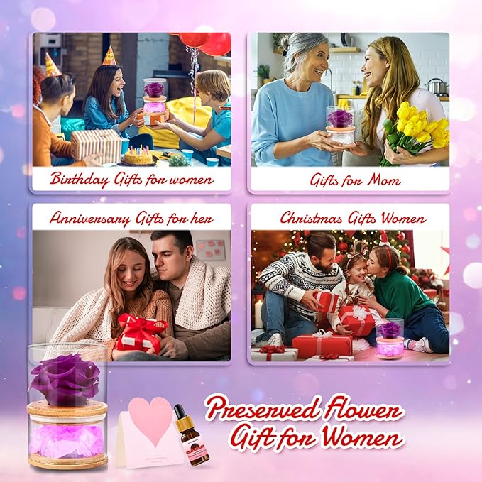 Birthday Gifts for Women,Christmas Women Gifts,Preserved Purple Rose with Lights, Preserved Flower Aromatherapy Rose Gifts for Women,Mom,Girlfriend,Wife Gifts for Christmas Valentines Day Birthday