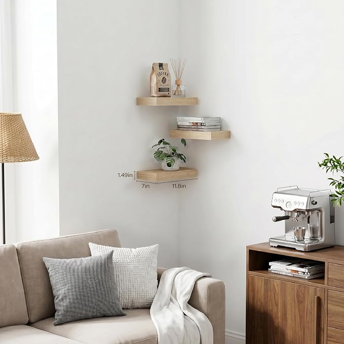 Oak Floating Shelves for Wall Set of 3, 11.8 Inch Small Wood Wall Shelves for Bathroom Over Toilet, Kitchen & Bedroom Storage, Wall Mounted Shelves for Spice Jars, Plants & Decor