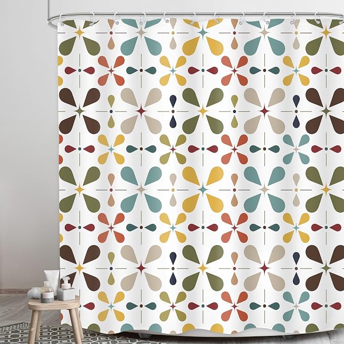 White Boho Mid Century Shower Curtain Bathroom Set 71Wx71H Inches Modern Vintage Abstract Bohemian Colourful Geometry Retro Bath Accessories Aesthetic Girly Art Home Decor Fabric 12 Pack Hooks