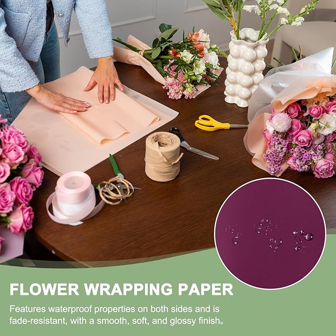 PATIKIL Flower Gift Wrapping Paper, 20 Sheets Double Sided Golden Waterproof Bouquet Paper Wrap Florist Supplies Packaging Floral Papers for Wedding DIY Craft Valentine, Purple/Gold