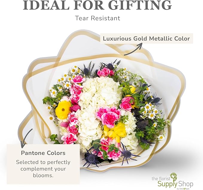 the florist Supply 20 Sheets Premium Flower Wrapping Paper | Waterproof Flower Wrapping Paper for Bouquets | Double Sided Floral Bouquet Sheets | DIY Gifts Rocio White/Gold