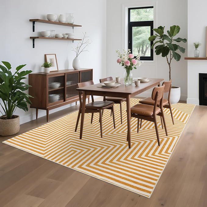 8x10 Washable Large Rug for Living Room Neutral Modern Geometric Lines Rugs for Dining Kids Room Playroom Low Pile Soft Bedroom Carpet Thin Foldable Modern Abstract Rug, Orange Yellow