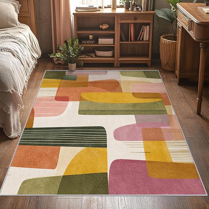 4x4 Mid Century Modern Rugs for Bedroom Decor, Washable Abstract Geometry Pattern Area Rug, Living Room Home Decoration, Non Slip Soft Thin, Boho Decor Carpet PF-P 117