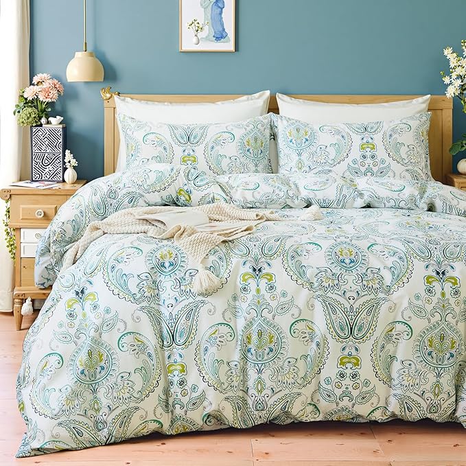 100% Cotton Floral Duvet Cover Queen - Green Paisley Comforter Cover 3-PC, Soft & Breathable Bedding Duvet Cover Sets with Zipper Closure & Corner Ties, Retro Duvet Cover Sets