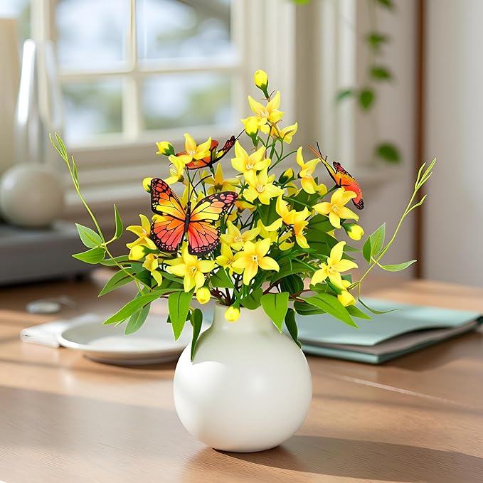 HOSY Artificial Freesia Bouquet in Ivory Ceramic Vase, Silk Flower and Butterfly Arrangements for Table Centerpiece Decoration (Freesia)