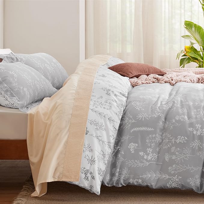 Bedsure Duvet Cover Queen Size - Reversible Grey Queen Duvet Cover Set with Zipper Closure, 3 Pieces Botanical Floral Patterned Bedding Set with 8 Corner Ties and 2 Pillow Shams