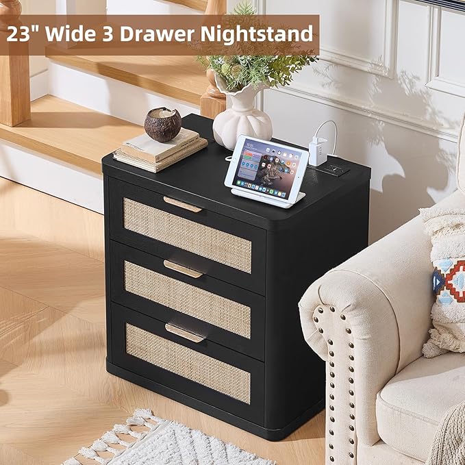 LEYAOYAO Rattan Night Stand with Charger Station, 23" Large 3 Drawer Boho Nightstand, Black Bedside Table Storage Cabinet, Bed Side End Tables for Bedroom, Living Room, Hallway