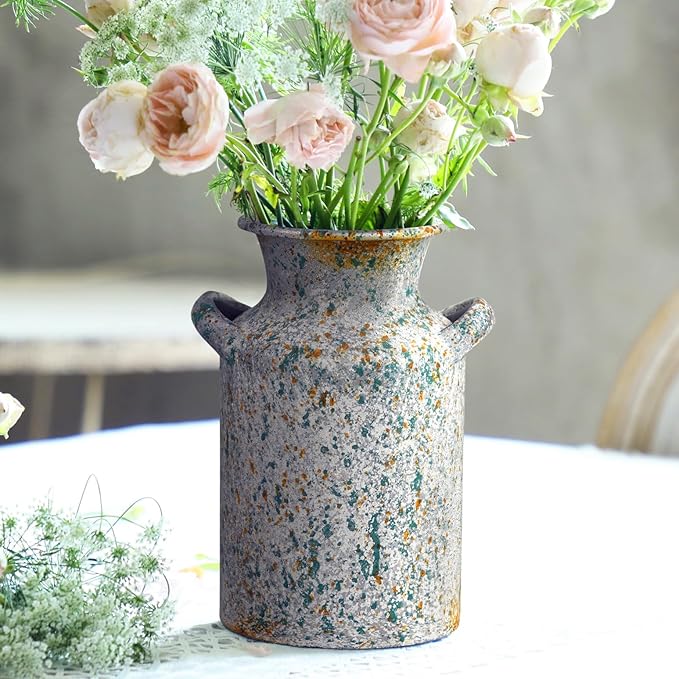 Rustic Vintage Metal Flower Vase for Decor Milk Jug Small Vases for Flowers Kitchen Decorations, Cylindrical,Perfect for Kitchen, Dining Room, Living Room,Housewarming Gift,Green