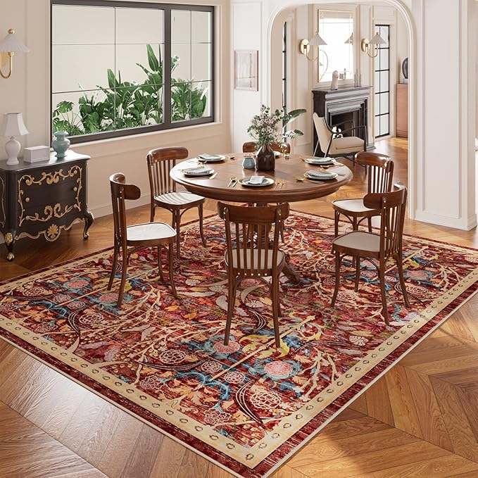 AMTOVO 8x10 Washable Area Rugs for Living Room, Non-Slip Large Soft Boho Floral Accent Rug, Vintage Pattern Printed Carpet for Bedroom Dining Room Farmhouse Nursery Room Home Office, Red