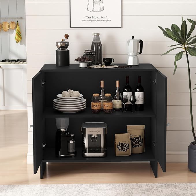 Black Sideboard Buffet Cabinet with Storage, Wood Arched Storage Cabinet with 2 Doors and Adjustable Shelf, Small Curved Entryway Accent Cabinet for Living Room Hallway Kitchen Dining Room