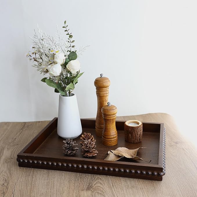 Hrastany Wood Decorative Tray, Distressed Outdoor Serving Tray with Wooden Bead for Ottoman, Coffee Table, Entertaining, Home Decor, Rectangular 15.7”*11.8”*1.57” (Dark Brown)