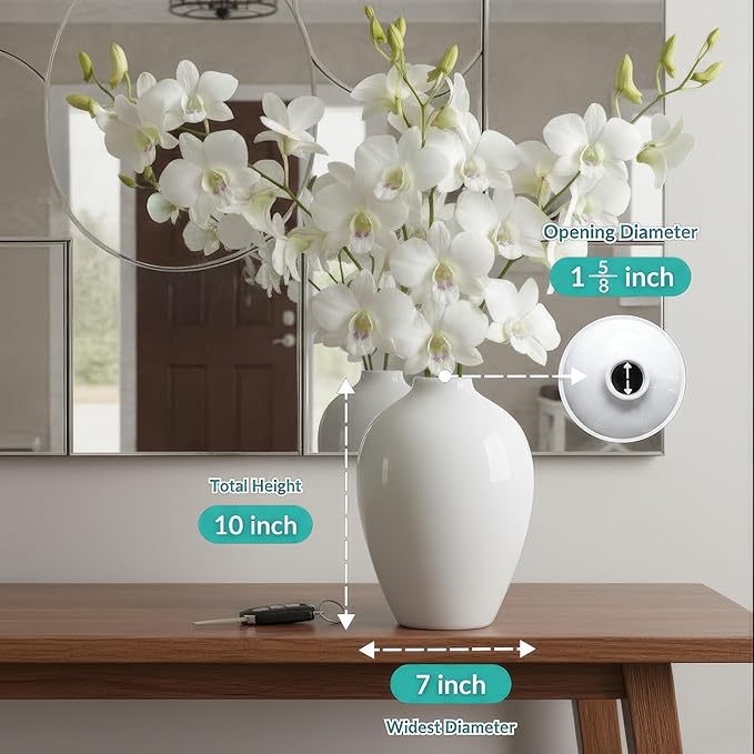 Willowy 10 Inch Elegant Glossy Porcelain Vase - White Ceramic Vase, Large Ceramic for Vases Home Decor, Tall White Decorative Vases for Pampas Grass