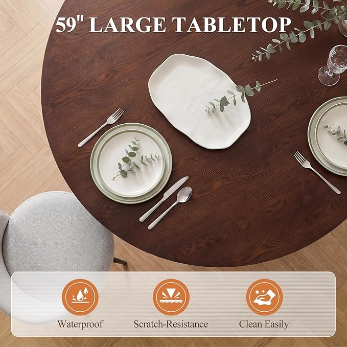 BESTANO 59" Round Dining Table for 4-6 People, Kitchen Dining Room Table with Wooden Pedestal Base, Circle Dinner Pedestal Dining Table for Dining Room (Table Only), Walnut