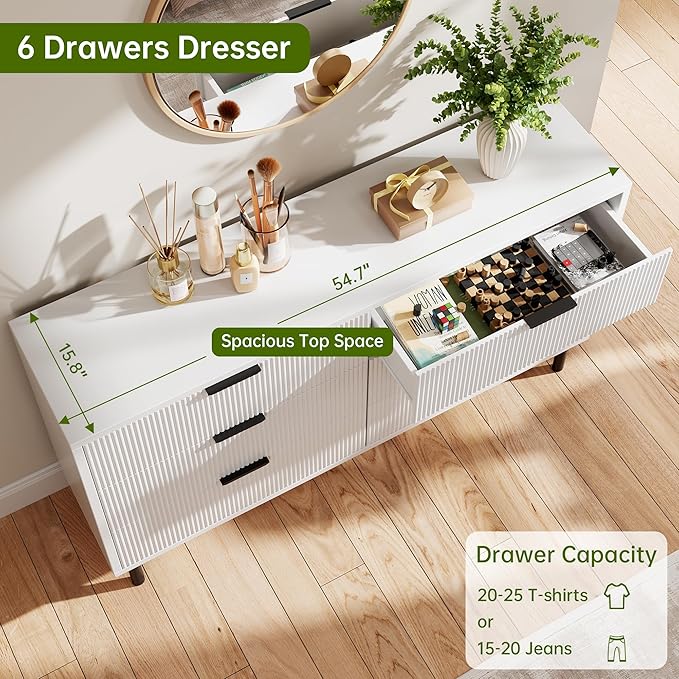 GarveeHome White Fluted 6 Drawer Dresser, Wide Wood Double Dresser with Metal Legs and Handles, Modern Chest of Drawers with Anti-Tipping Design for Bedroom Living Room, Hallway