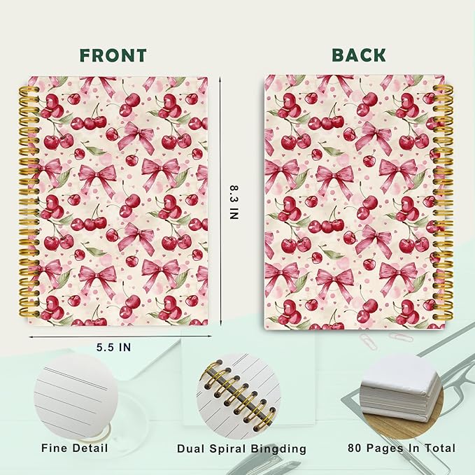 JKMBN Coquette Pink Bow Cherry Spiral Notebook for Women Girls, Vintage Journaling Notebooks, Cute Pink Notebook Journal, Pink Office Supplies, Hardcover Spiral Lined Notebook 5.5 x 8.3