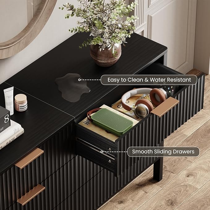 55" Wide Fluted 6 Drawer Dresser for Bedroom, Wooden Dresser Modern Chest of Drawers TV Stand Dressers with Organizer Storage for Bedroom, Living Room, Entryway, Hallway, Black