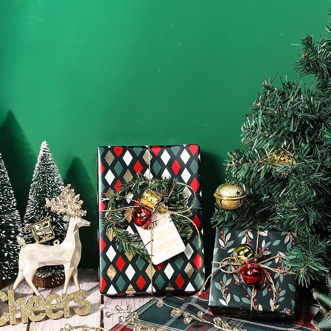 LeZakaa Green Christmas Wrapping Paper Mini Roll, Reindeer Holly Leaves Geometric Metallic Foil Holiday Gift Wrap, Arts Craft, for Xmas Winter Party, 17 x 120 inches, 3 Rolls