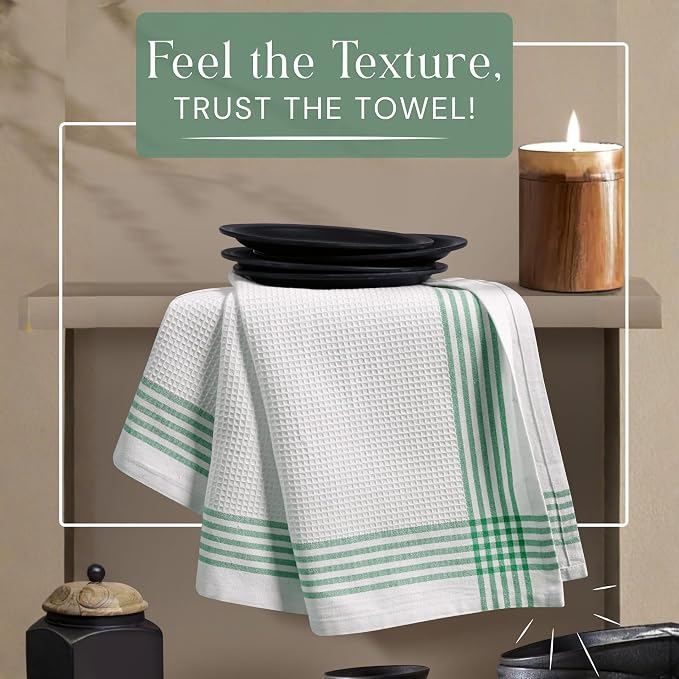 Waffle White & Dark Green Kitchen Towels 4 Pack, 100% Cotton, 16x26 inches, Super Absorbent Tea Towel for Drying Dishes, Quick Drying Kitchen Cloth Set for Daily Cooking, Cleaning