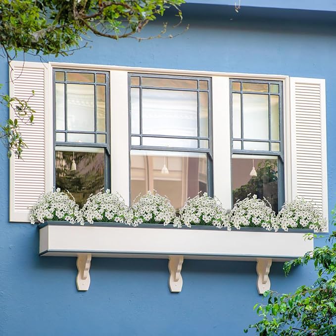Outdoor Artificial Flowers 21 UV Resistant Bundles Fake Flower Plastic Plants Faux Silk Flowers Porch Hanging Garden Porch Window Box Decorating (White)