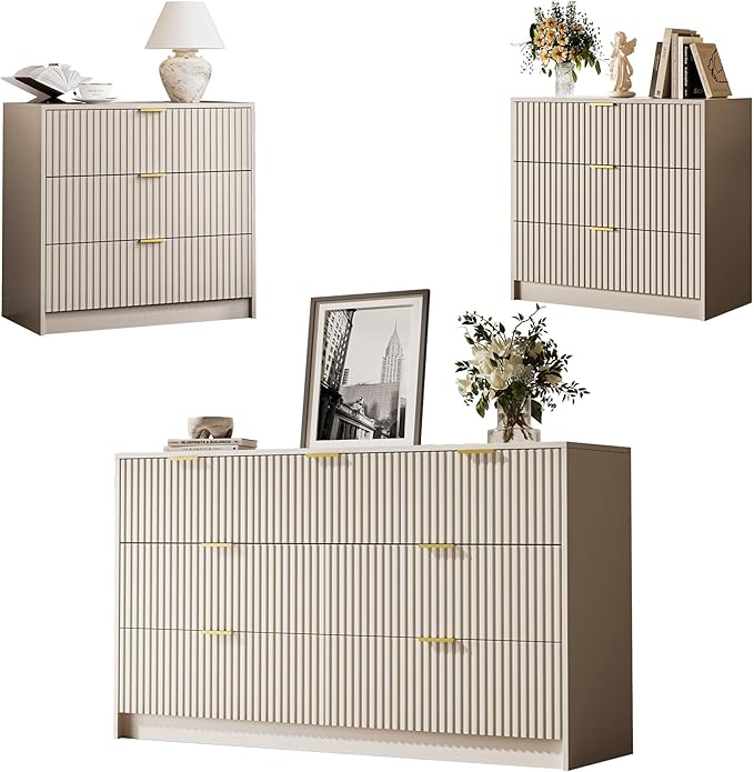 3 Piece Dresser Bedroom Set, 7 Drawer Dresser & 3 Drawer Nightstands with Gold Handles, Fluted Wood Chest of Drawers for Bedroom, Living Room, Entryway, Beige
