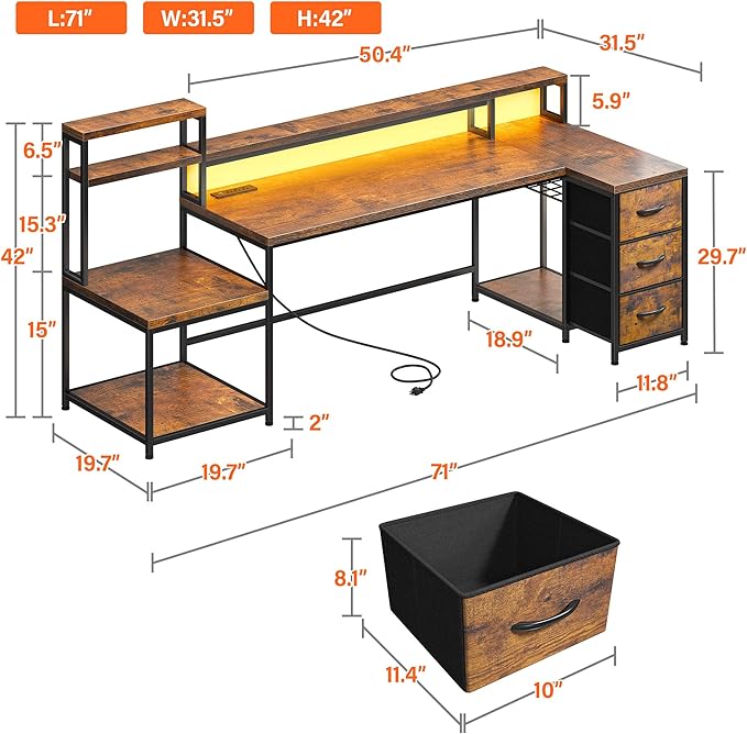 EnHomee 71" L Shaped Computer Desk with 3 Drawers & Hutch,Reversible Gaming Desk with LED Lights & Power Outlet,Home Office Desks with Monitor Stand & Printer Shelf for Student School Rustic Brown