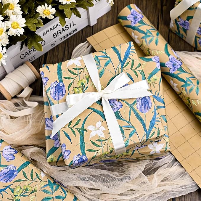 MAYPLUSS Floral Kraft Wrapping Paper Roll - 17Inch x 33Feet - Elegant Tulip Gift Wrapping Paper Watercolor Flower Gift Wrap Paper for Birthday, Mothers Day, Bridal Shower, Engagement, Valentine's Day