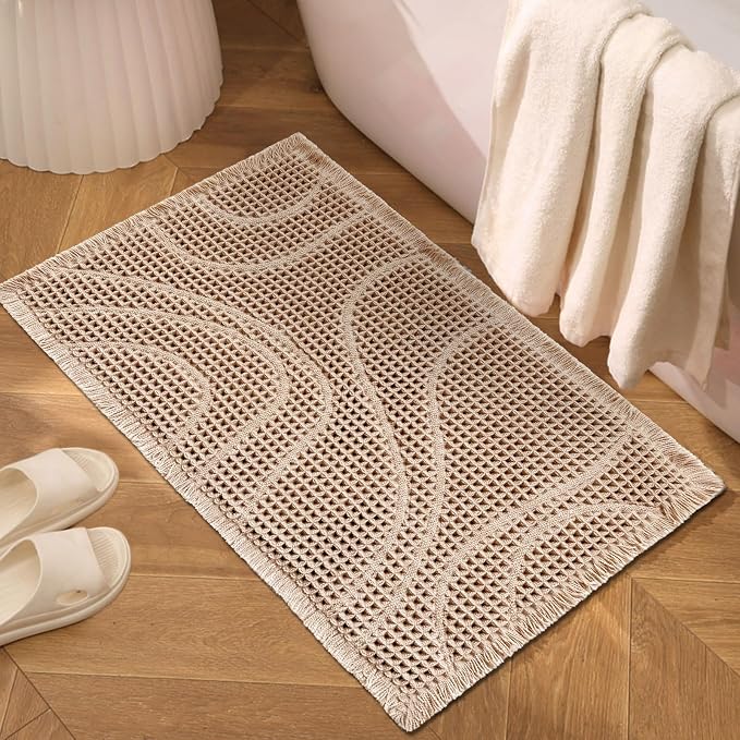 ZALL Waffle Bath Mat Black Super Absorbent Non Slip Bathroom Rug,Rhombus Geometric 18x30inch,Machine Washable Ultra Soft Floor Mats