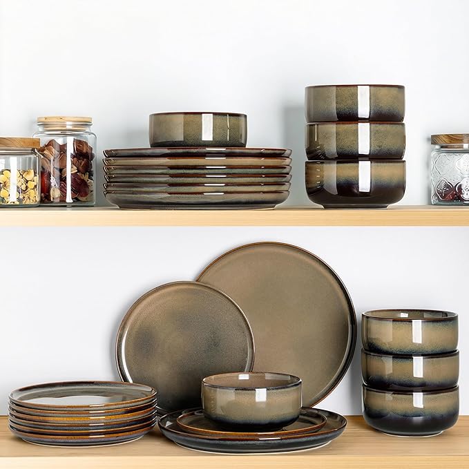 TheTerra Ceramic Dinnerware Sets for 8, 24 Pieces Handmade Reactive Glaze Plates and Bowls Set, Scratch Resistant Dish Set, Oven & Microwave & Dishwasher Safe, Coca Mocha