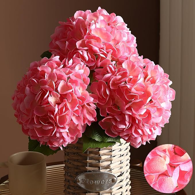 3Pcs Hydrangea Artificial Flowers, 22.44" Real Touch Latex Faux Hydrangea with Long Stems & Leaves for Home Office Decor or Wedding, Party, Centerpieces, Floral Arrangements (Pink)