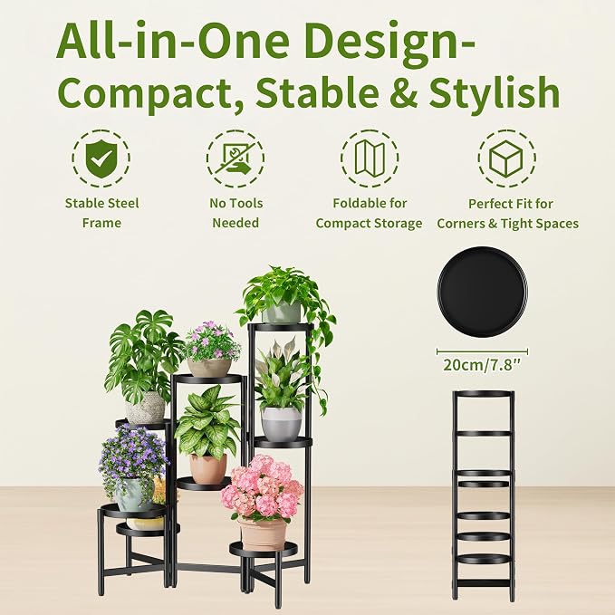 8 Tiered Plant Stand Indoor for Multiple Large Planter, Tall Heavy Duty Adjustable Folding Rack with Rustproof 7.9 Inch Wide Tray, Plant Shelf for Corner Living Room - BlackDisk