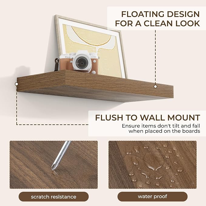 RICHFOCUS 20Inch Floating Shelves for Wall 2 Pack Shelves for Bedroom|Kitchen|Bathroom|Laundry Room Rustic Wood Wall Mounted Shelf with Invisible Brackets for Books|Storage|Decor, Walnut