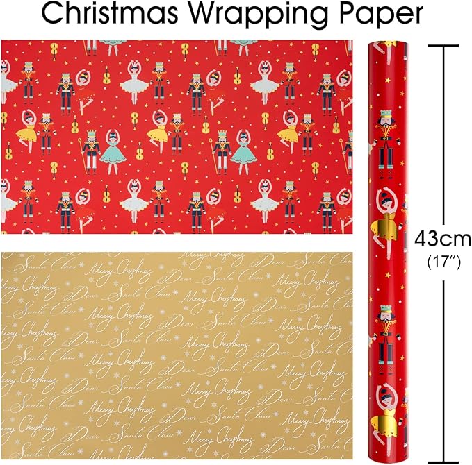 MAYPLUSS Red Christmas Wrapping Paper Roll - 17IN X 33FT - Christmas Nutcracker Gift Wrapping Paper Featuring Ballet Guitar Gold Star Reversible Gold for Kids, Holiday, New Year