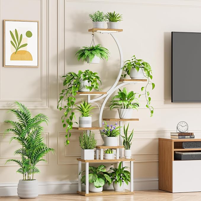 BACEKOLL 8-Tiered Plant Stand With Grow Lights - 62" Tall Indoor Shelf for Multiple Plants, Metal S-Shaped Flower Holder Rack for Home, Patio (White)