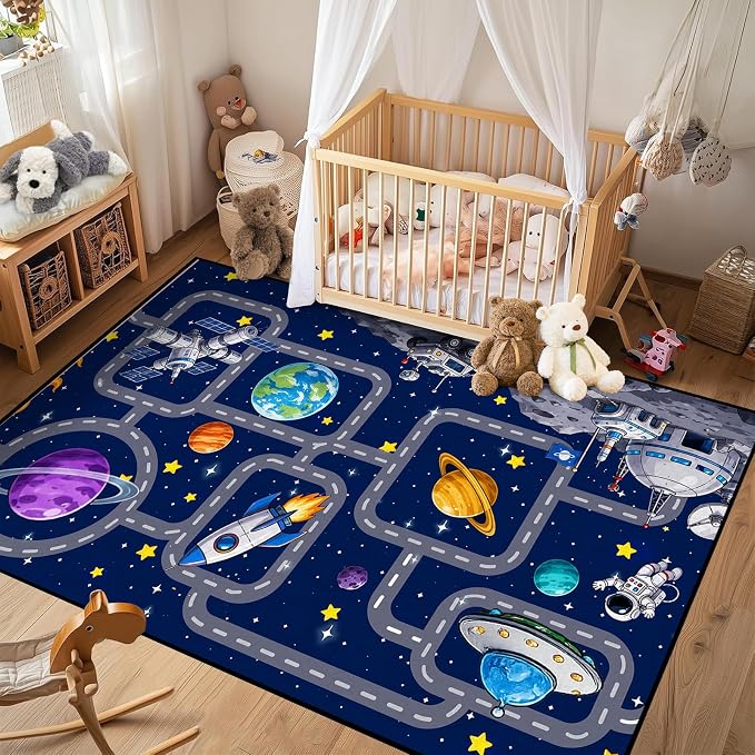 Outer Space Rug Astronaut Road Map Area Rug for Bedroom Living Room Nursery Kitchen Playroom Home Decor Washable Educational Floor Mat Galaxy Themed Carpet,4'x6'