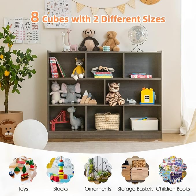 Costzon 3-Shelf Bookcase for Kids, Wooden Toy Storage Organizer for Books Toys, 8-Section Freestanding Classroom Daycare Montessori Bookshelf for Preschool, Home Playroom & Kindergarten (Grey)