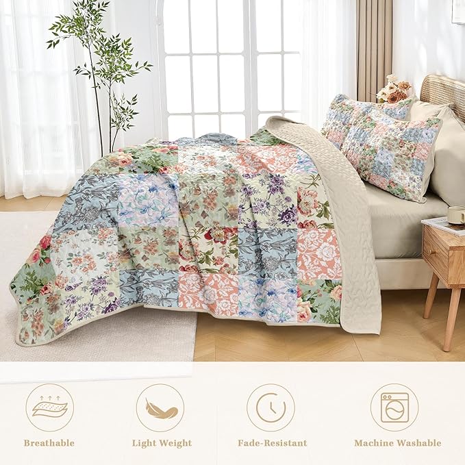 Quilt Set King Size, Vintage Patchwork Floral 3 Pcs Soft Bed Cover Bedding Set, Boho Mid Century Lightweight Bedspread Coverlet with 2 Pillow Sham for All Season
