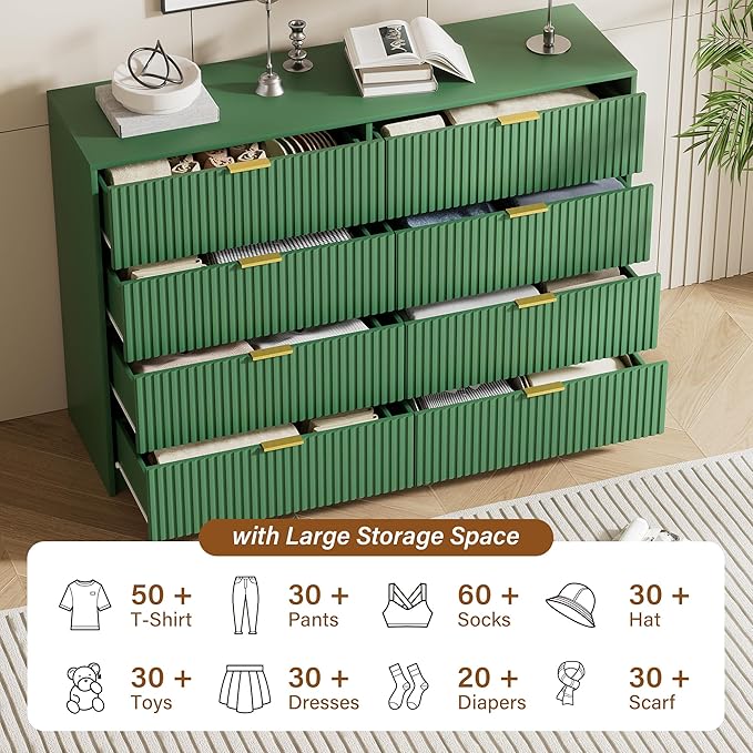Green Dresser for Bedroom, Modern Dresser with 8 Drawers and Smooth Slides, Wide Chest of Drawers with Golden Handles for Bedroom, Closet, 15.7" D x 55" W x 37.4" H