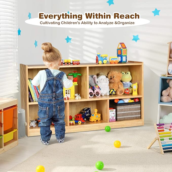 Costzon 2-Shelf Bookcase for Kids, Wooden Toy Storage Organizer for Books Toys, 5-Section Freestanding Classroom Daycare Montessori Bookshelf for Preschool, Home Playroom & Kindergarten (Burlywood)