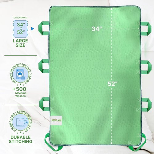 Skiennix Absorbent Bed Pads for Elderly - Washable Waterproof Incontinence Sheets 34"x52" | 8 Handles for Easy Mobility