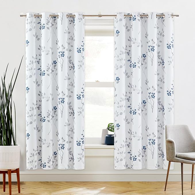 Beauoop Floral 100% Blackout Curtains 72 Inches Long 2 Panels for Bedroom Living Room Blue Grey and White Flower Patterned Room Darkening Thermal Soundproof Grommet Window Treatments Drapes, 52X72